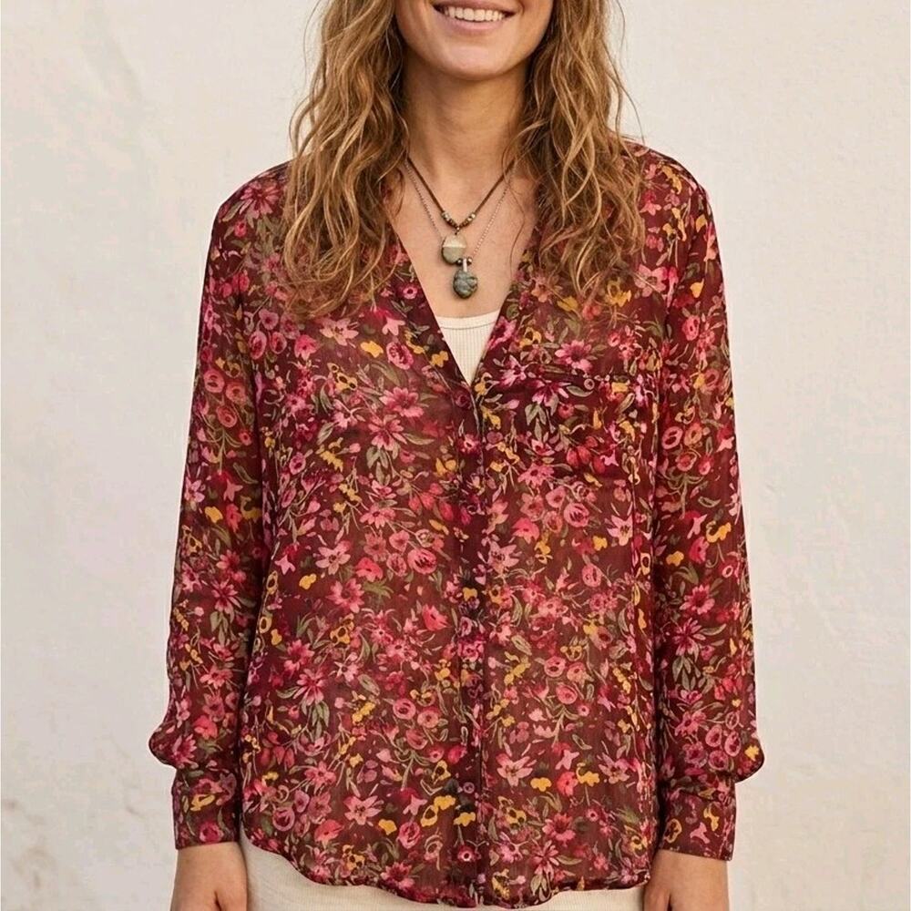 KUT FROM THE KLOTH Jasmine Chiffon Top XL Floral Sheer Burgundy Boho Cottagecore